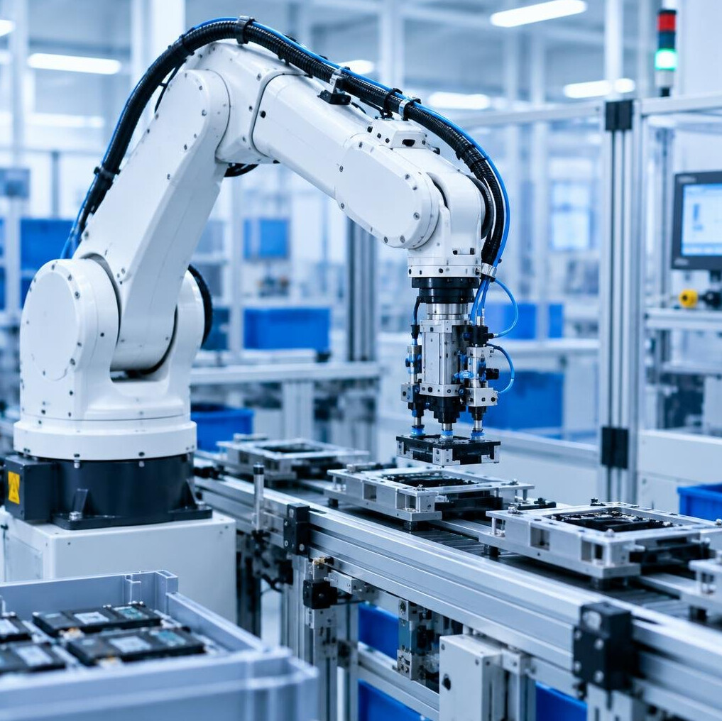 Industrial robotic arm in automated production line