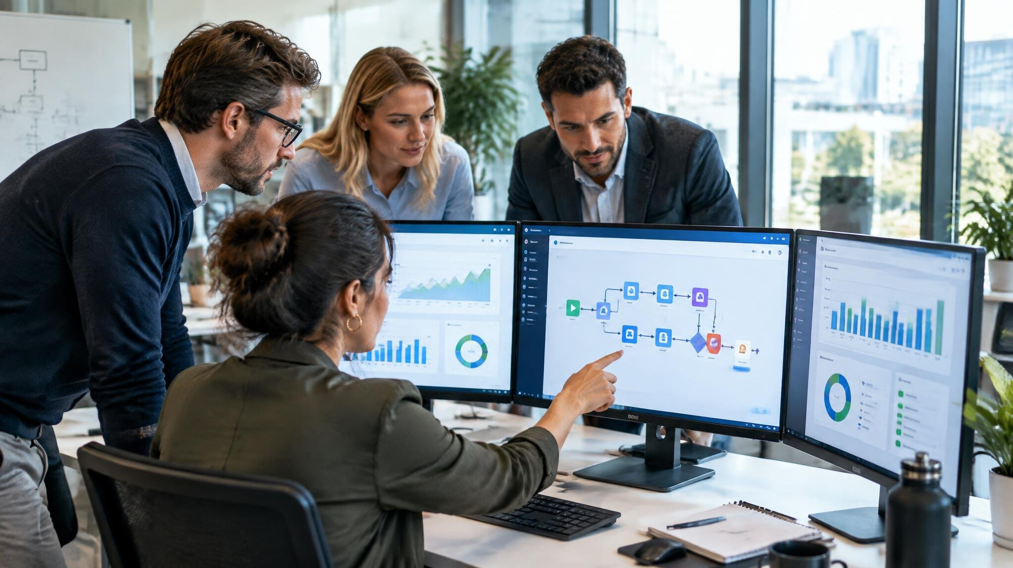 Team analyzing workflow automation dashboards on screens