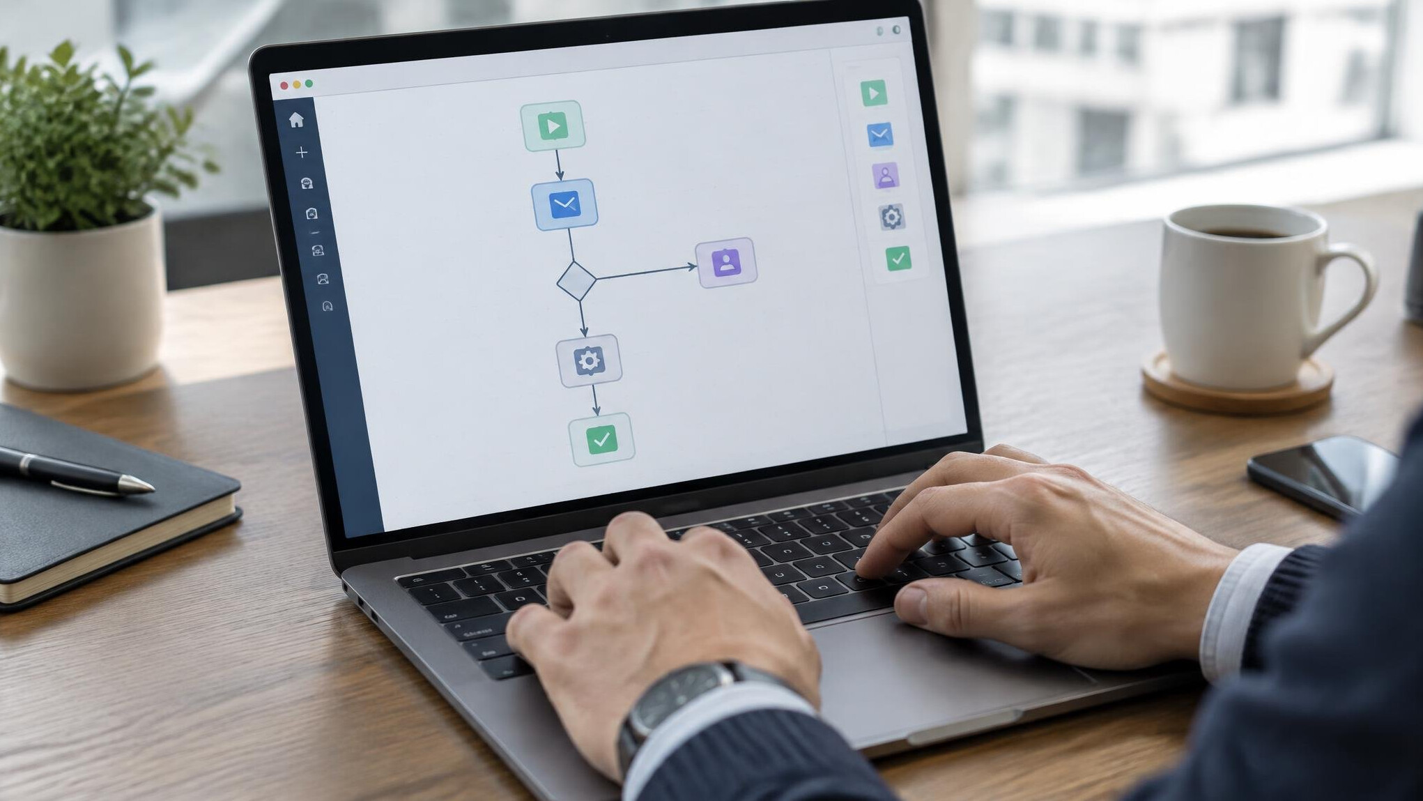 Person working on laptop with automation workflow diagrams