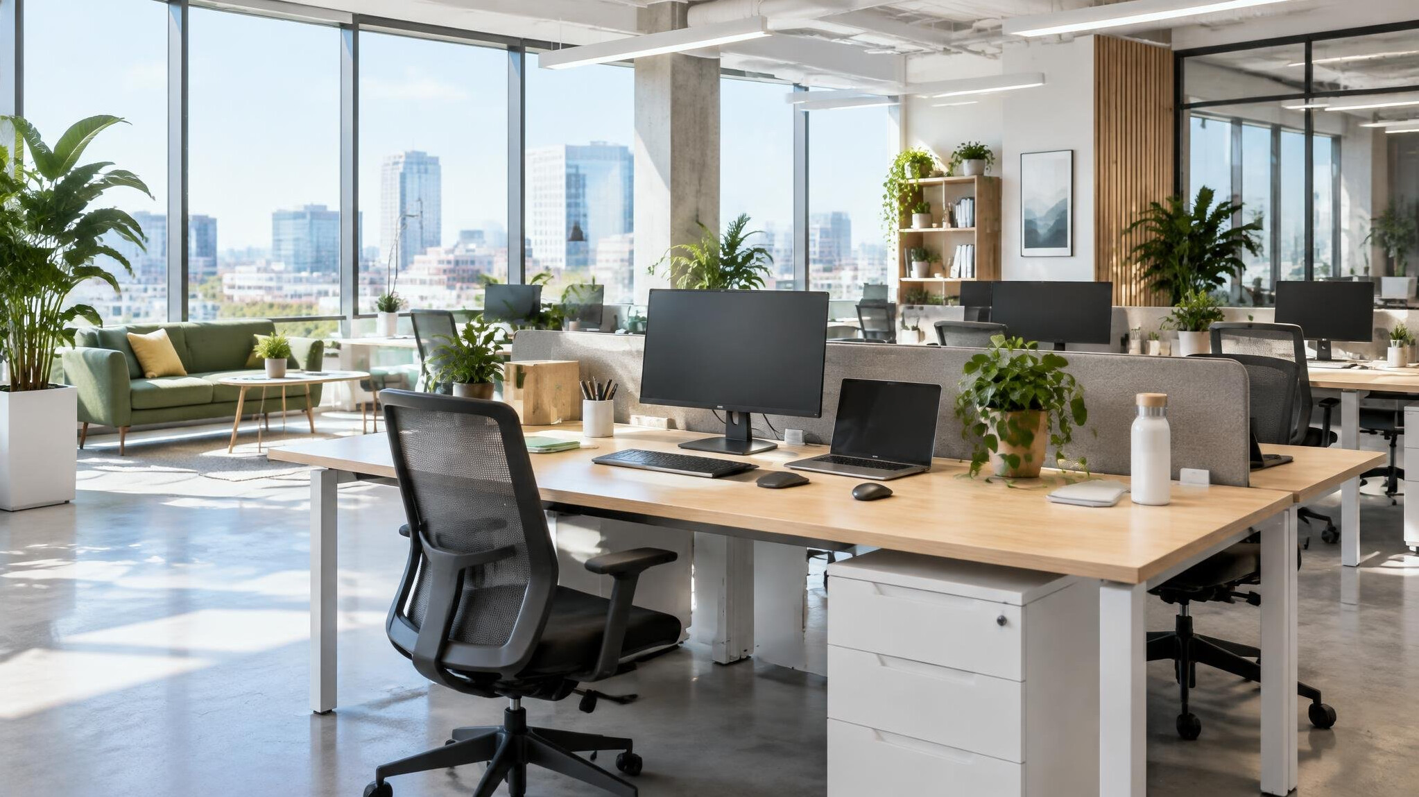 Modern office workspace with desks and plants