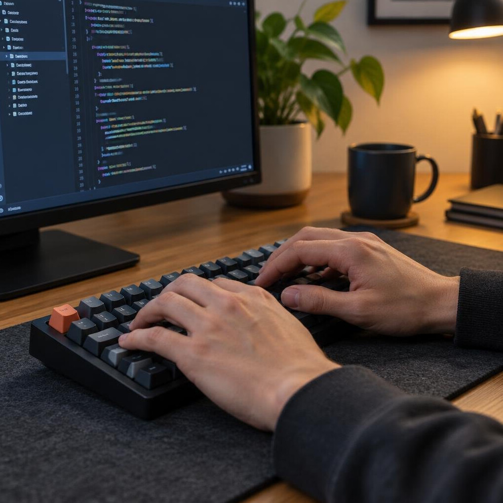 Close-up of hands typing on a keyboard