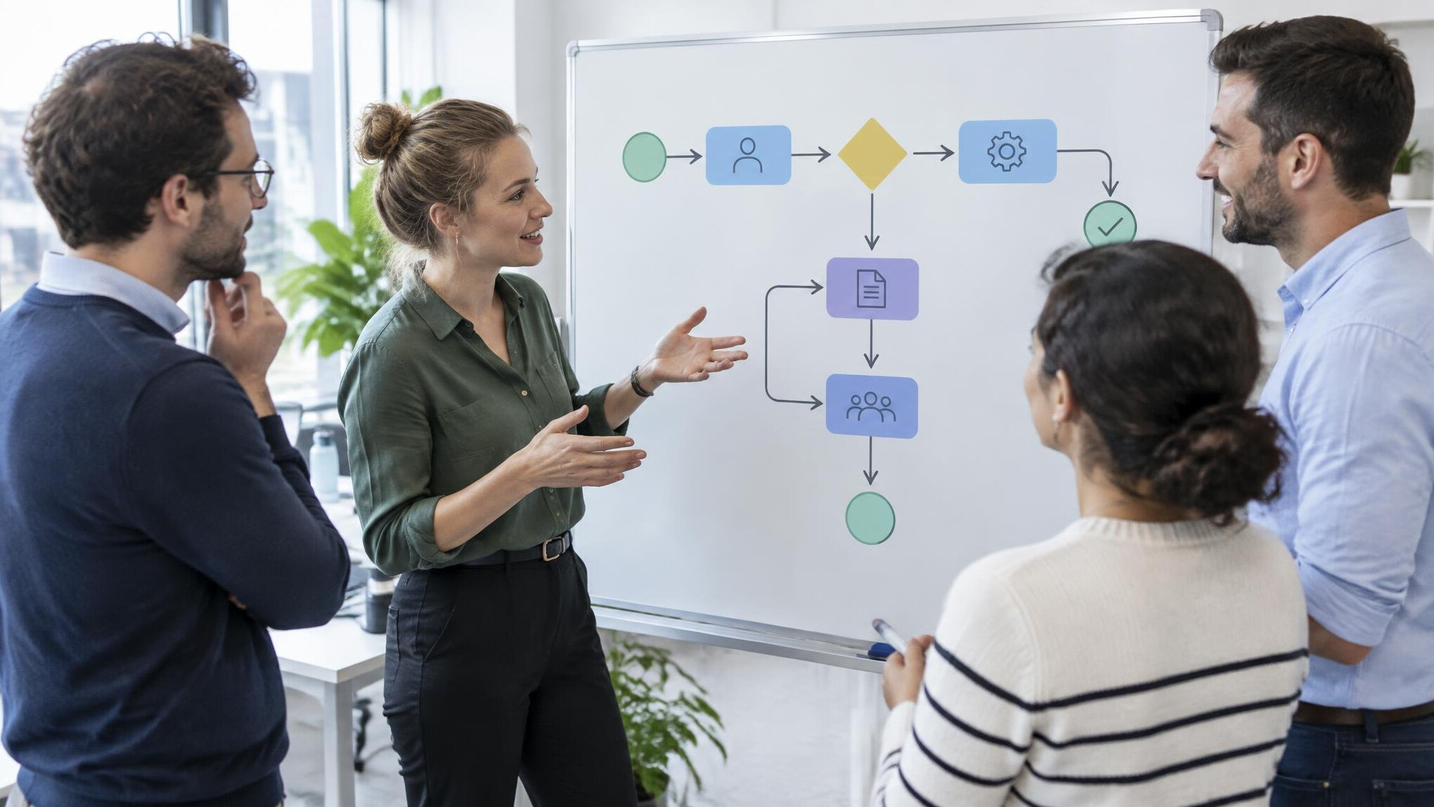 Team discussing process diagram on whiteboard