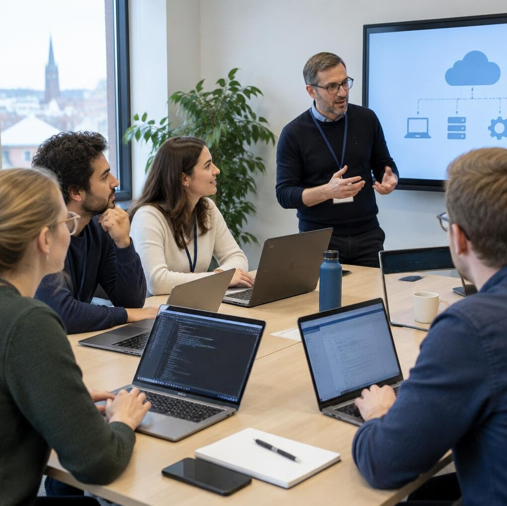 Group training session with laptops around a table